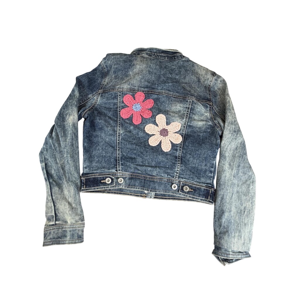 Arizona Jean Co Jacket Girls L Blue Denim Crochet Floral Boho Button Front